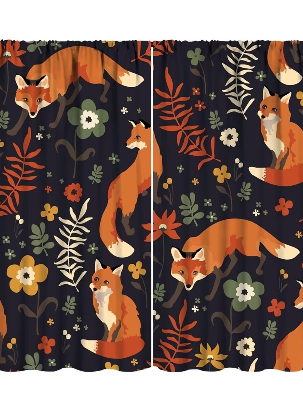 Autumn Fox Curtains Colorful Botanical Floral Leaf Cartoon Cute Animal Fox Orang